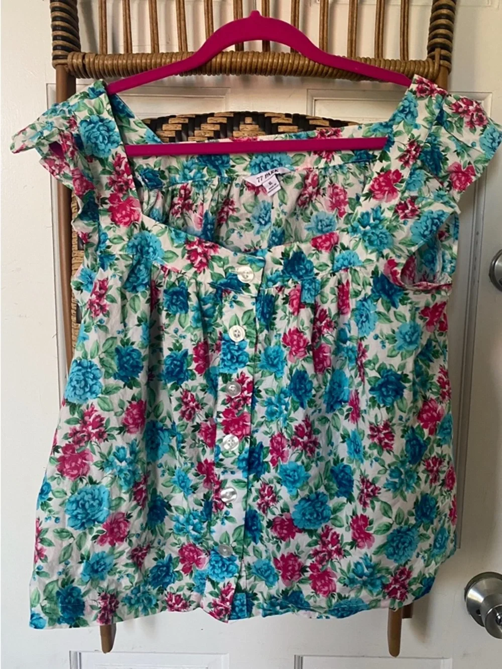 Floral Button-Front Women’s Blouse in Teal & Pink - Picture 1 of 6